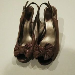 Pewter slingbacks with rhinestone clasp and bow